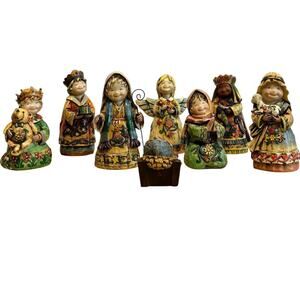 Vintage Blessed be the Name Jesus Wood Carve Look Resin Nativity Set - 9 PC.